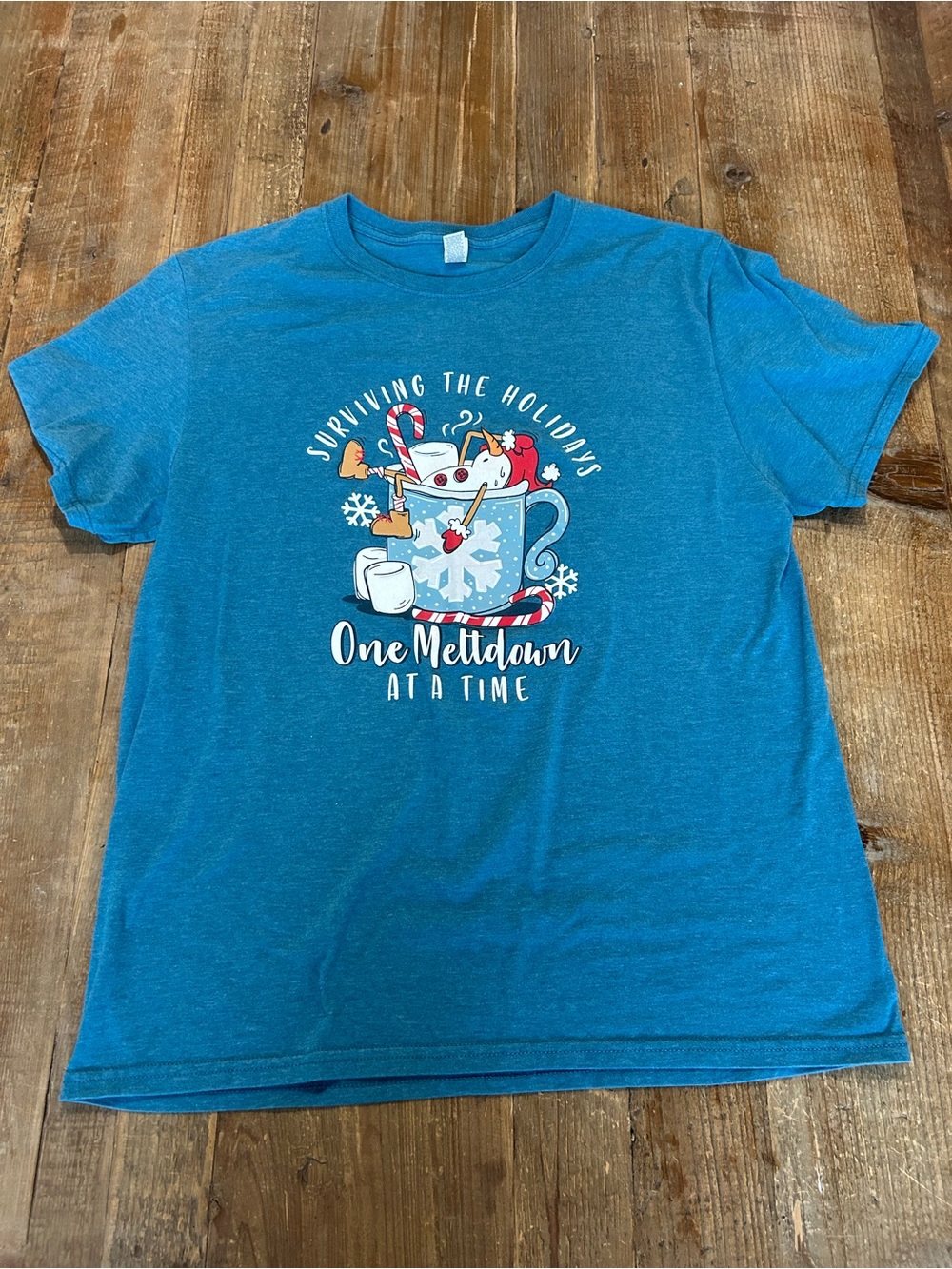 Christmas Holiday T-Shirt Blue 'One Meltdown at a Time' Holiday Tee Large